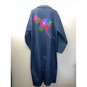 Vintage 90s DA Dominion Apparel Denim Duster Coat Floral Appliqué Boho Large